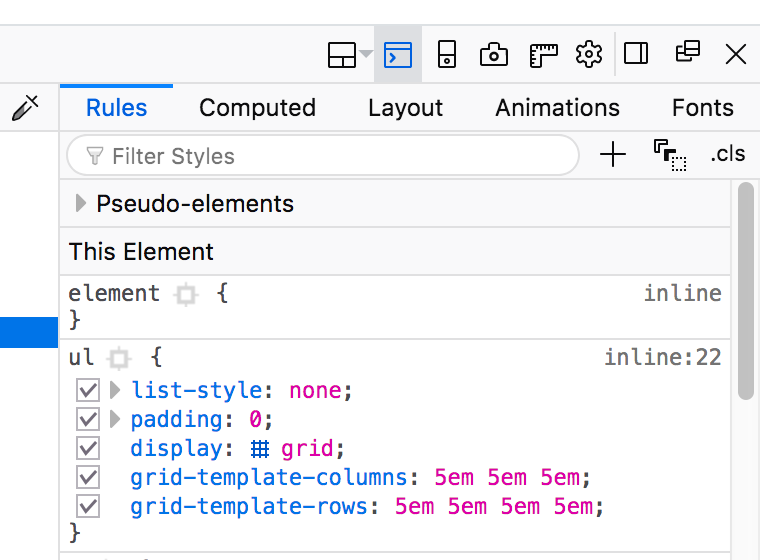 Firefox dev tools has a hashmark/waffle icon for turning on the grid overlay