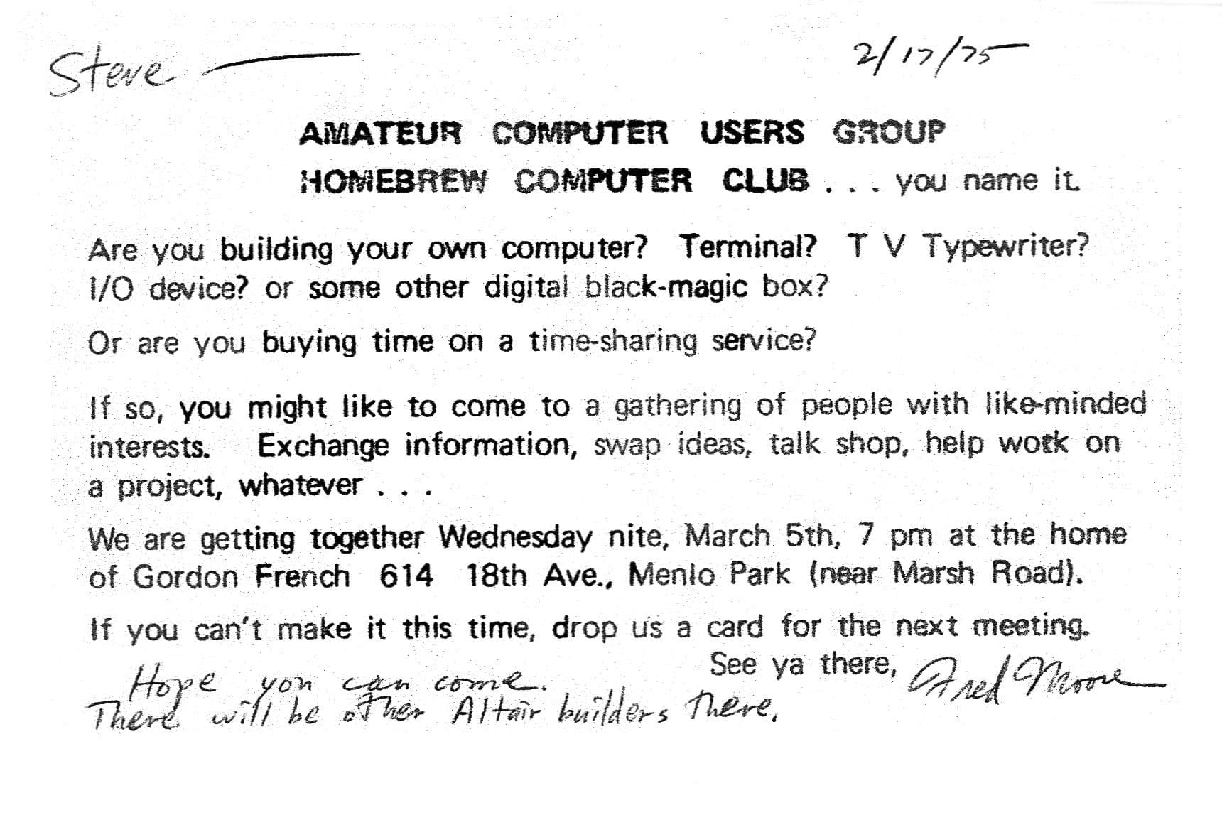Copy of a postcard invitation to the first Homebrew Computer Club meeting