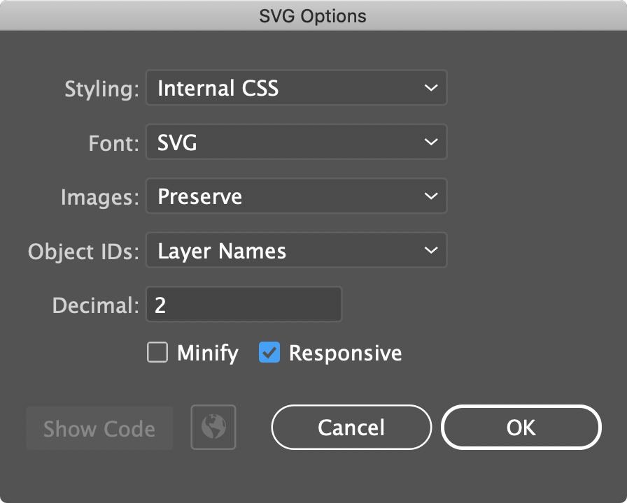 SVG export options dialog with Responsive option checked