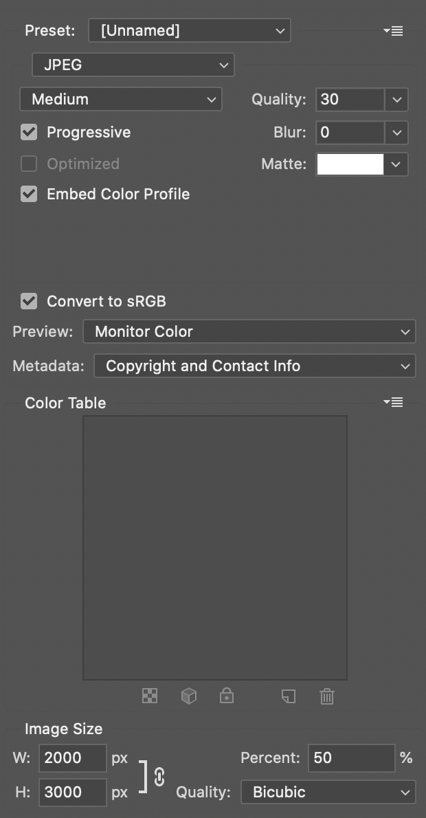 Photoshop's Save for Web dialog with suggested settings